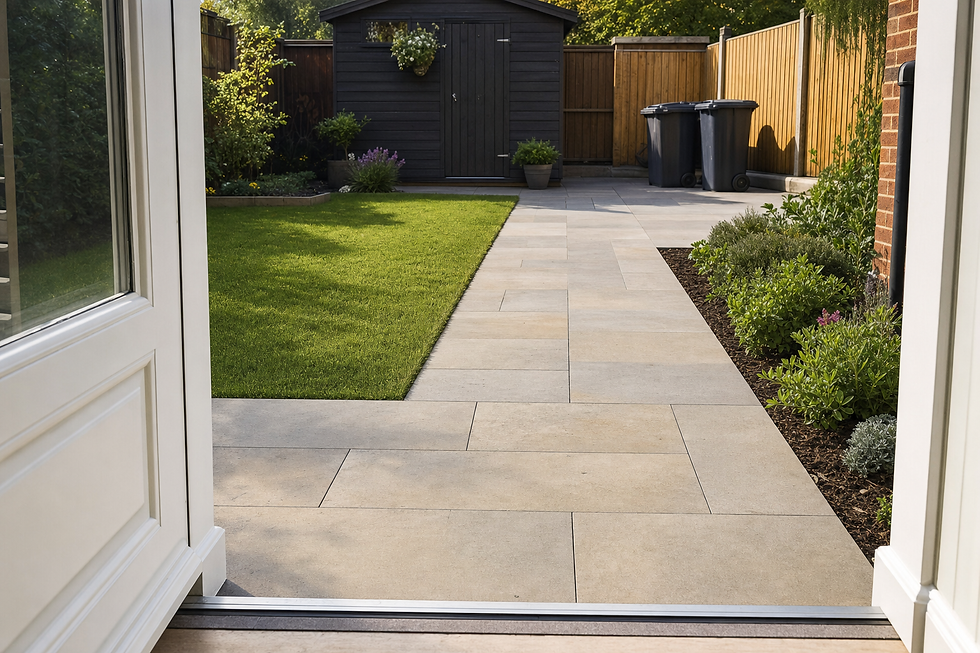 A well-maintained garden with a stone pathway, lush lawn, dark wooden shed, and neatly trimmed bushes, viewed from an open door.