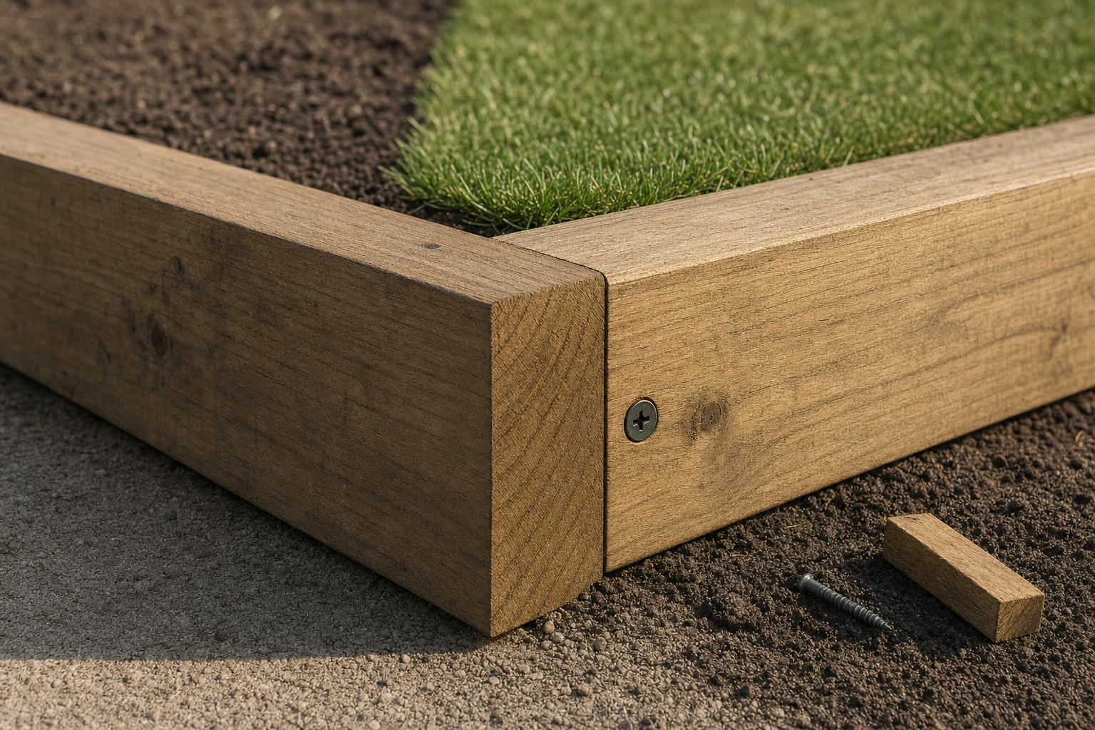 Wooden garden edging secures a grassy section, with a screw and block nearby on the soil.