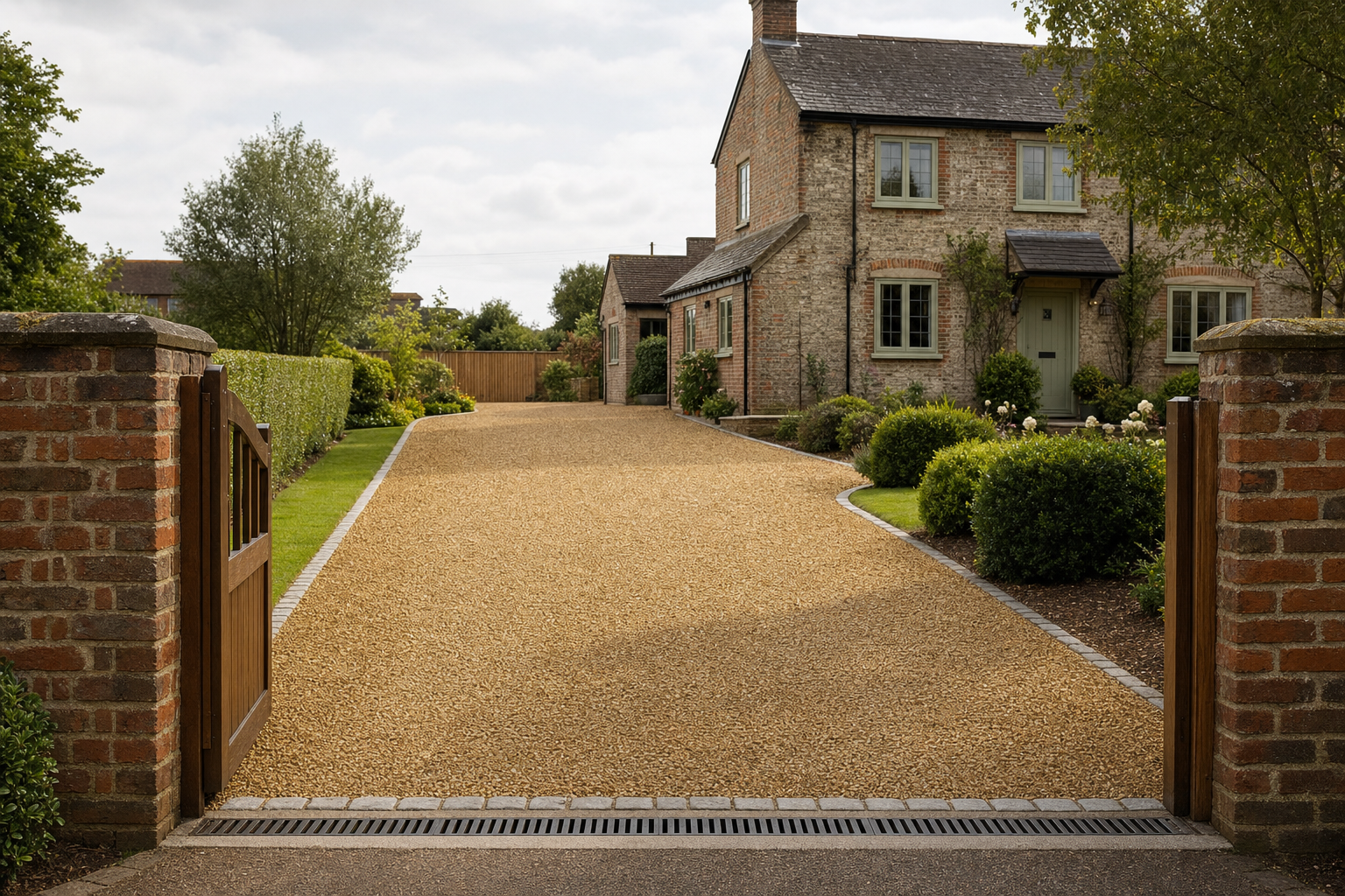 A gravel driveway leads to a charming brick house surrounded by lush greenery and a wooden gate.