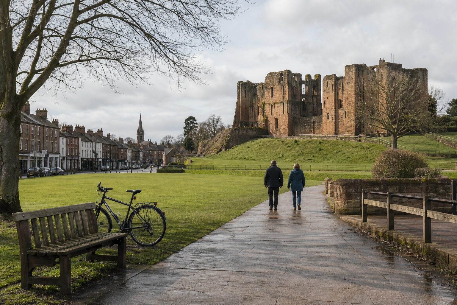 Two people walk on a path towards a historic castle, with a bicycle and bench in the foreground.