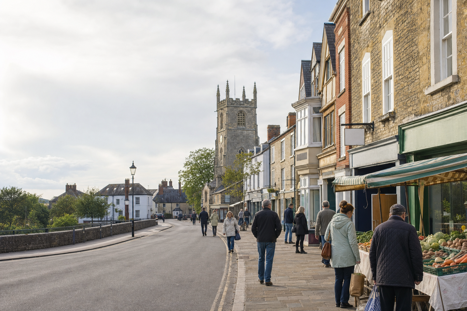 A quaint British street scene with people strolling past shops and a distant church tower.
