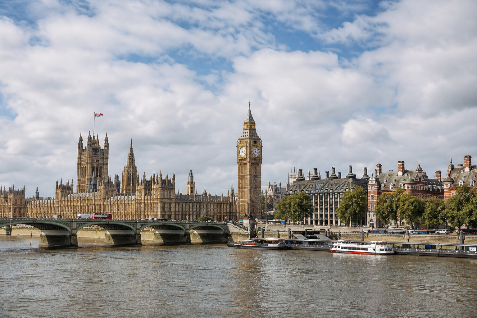 The Palace of Westminster and Big Ben beside the River Thames under a partly cloudy sky.