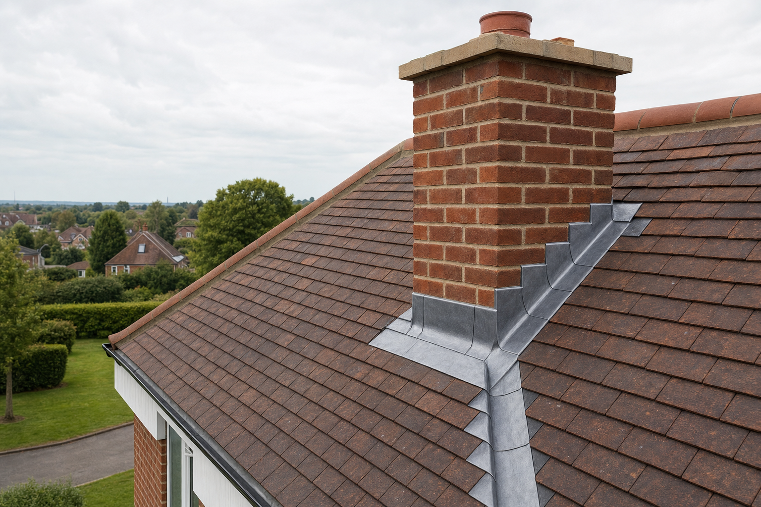 A brick chimney rises from a tiled roof with lead flashing, set against a backdrop of a suburban neighbourhood.