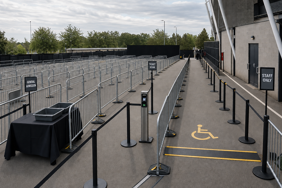 Entrance area with metal barriers and signs for general admission, ticket scanning, and staff-only access near a stadium.