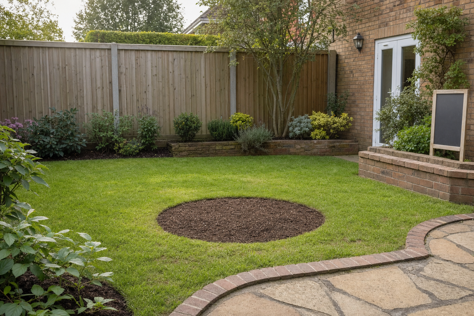 A neatly maintained garden with a circular patch of bare soil centred in a grassy lawn, surrounded by plants and a wooden fence.