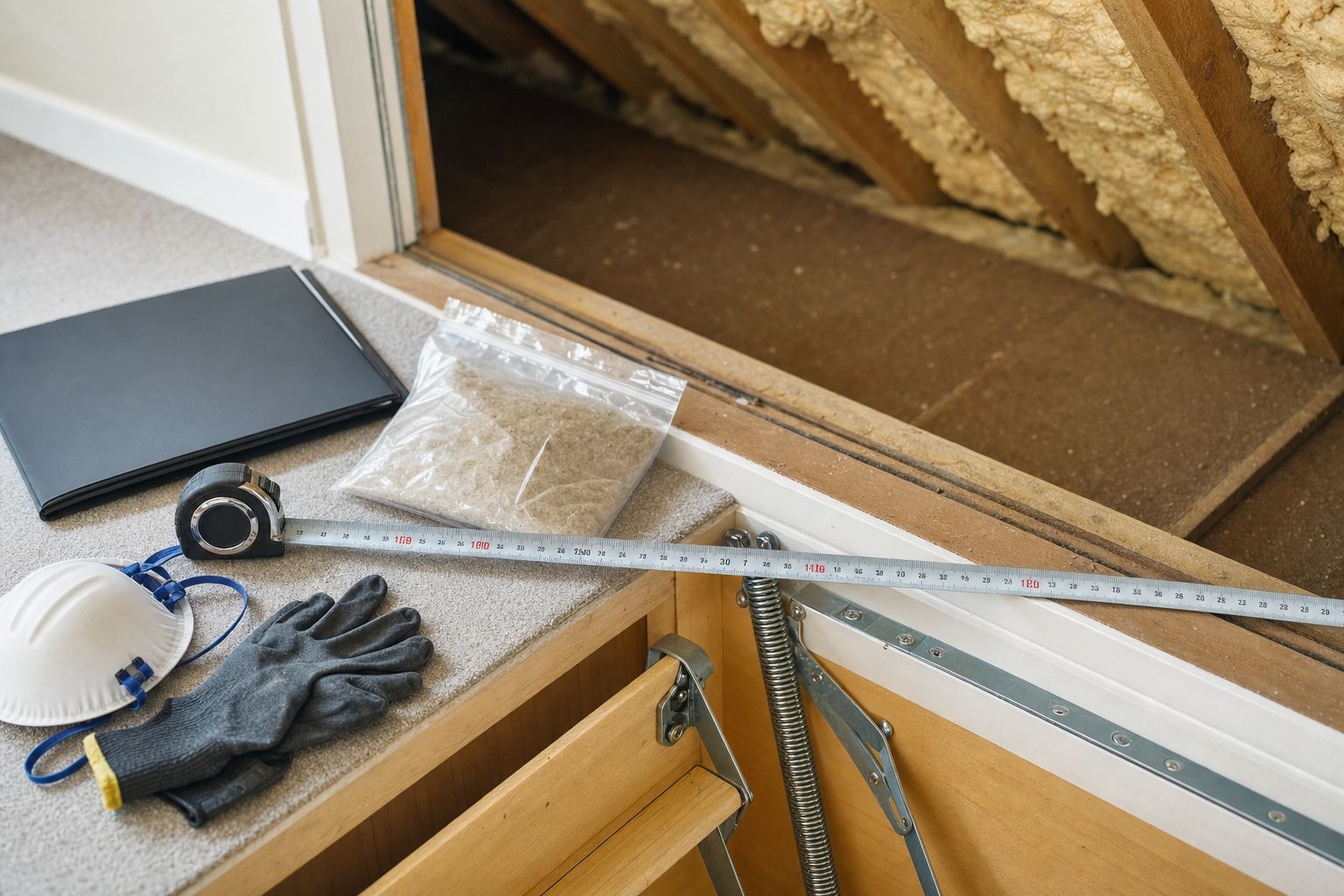 Tools for attic insulation measuring, including gloves, a tape measure, a mask, and a sample bag, are laid on the floor.