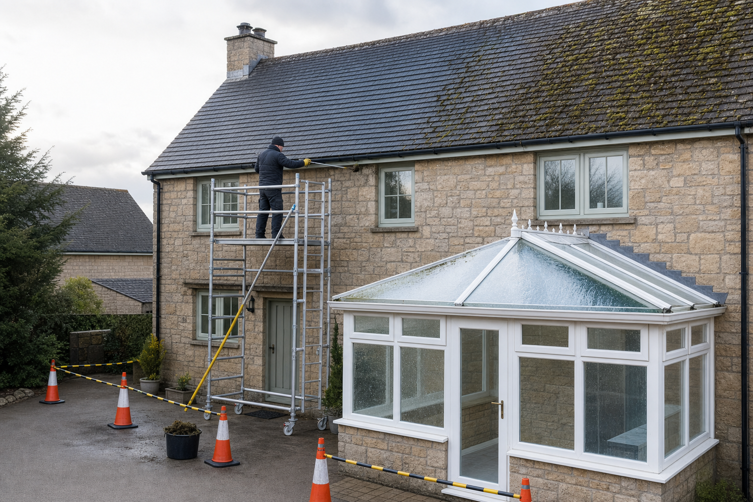 A workman cleans gutters on a scaffold beside a detached house with a conservatory and surrounded by traffic cones.