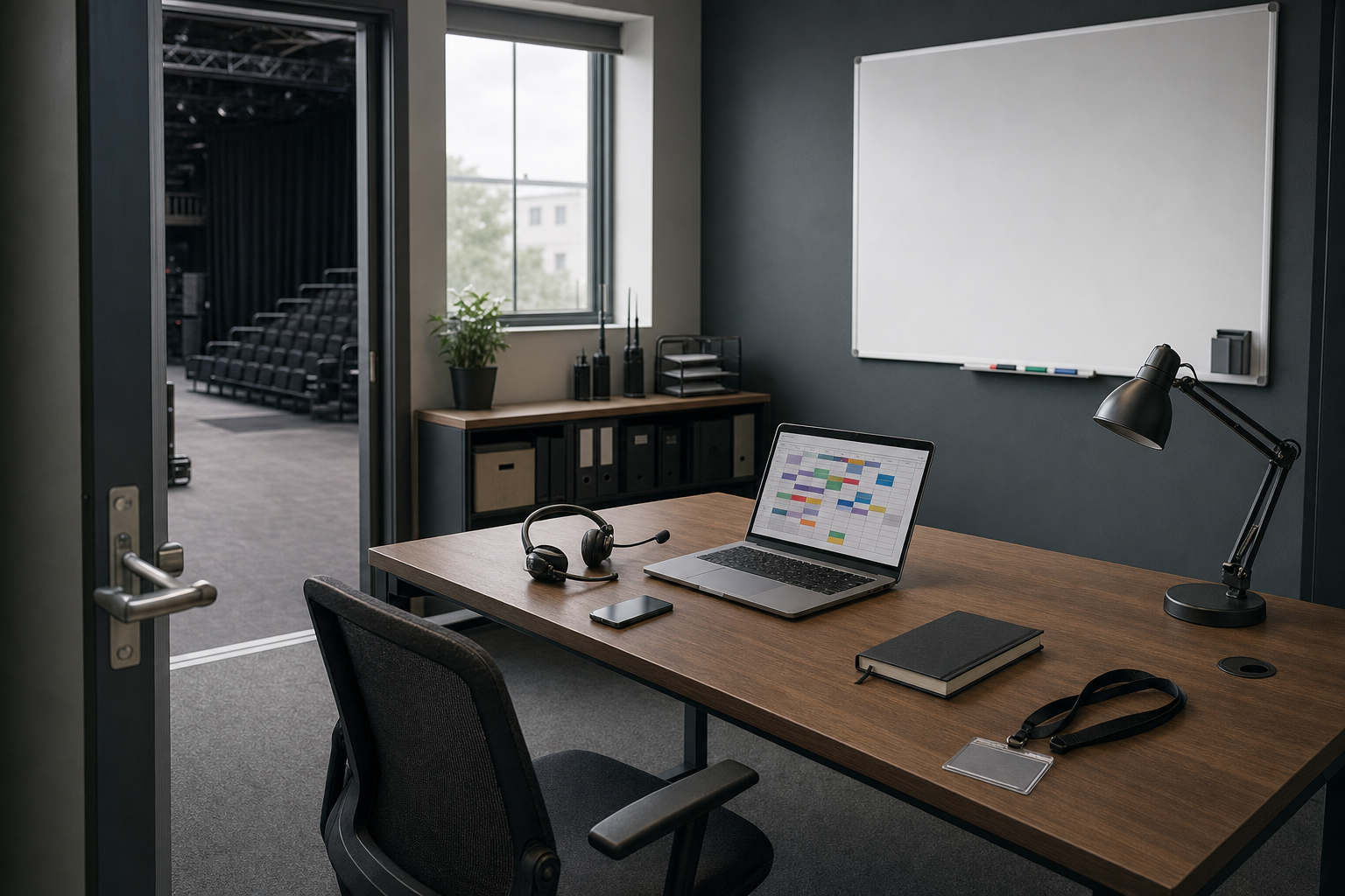 Modern office with a laptop displaying a calendar, surrounded by a headset, smartphone, and notebook, overlooking an adjacent auditorium.