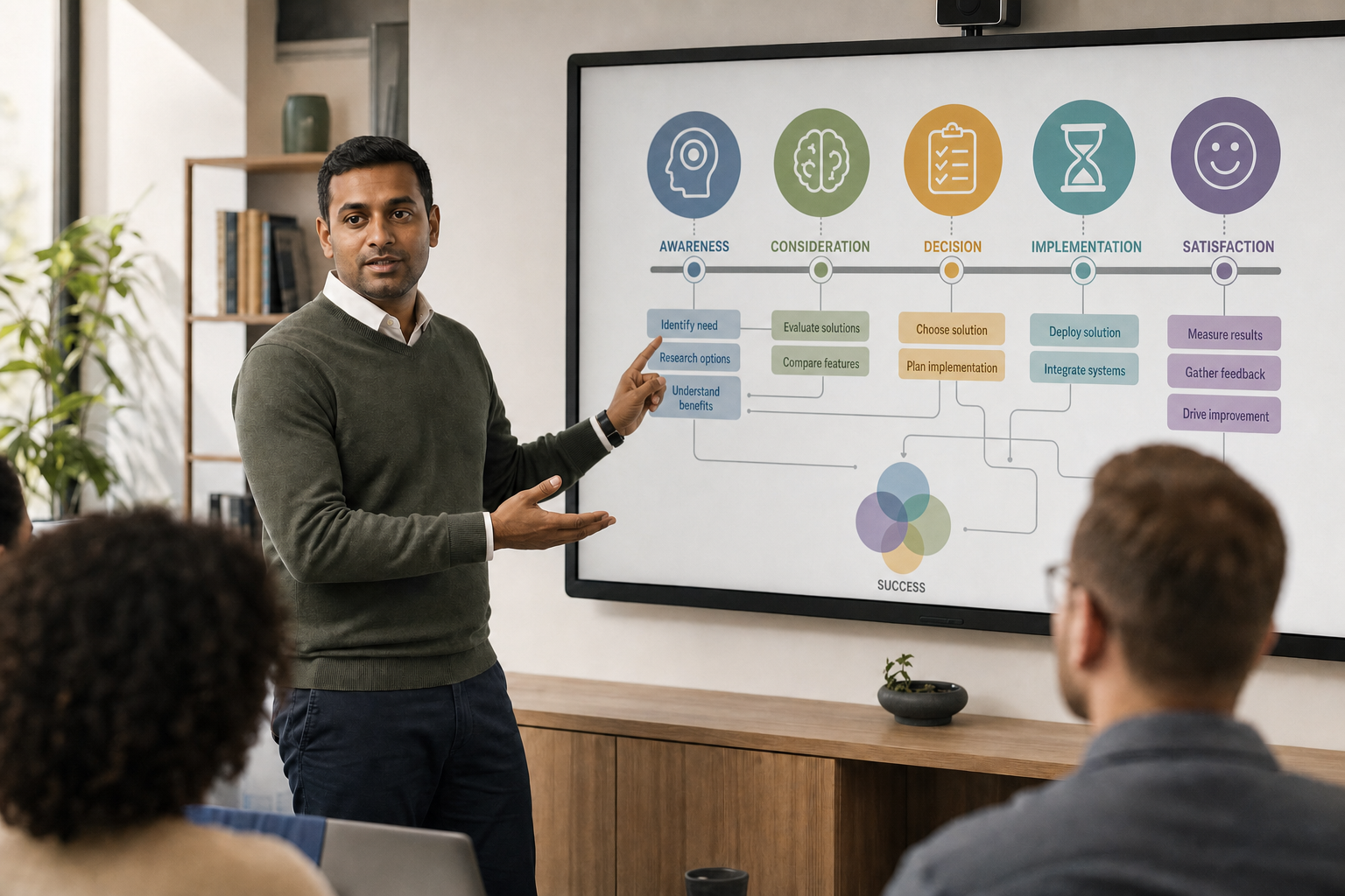 A man presents a business strategy flowchart on a screen in a meeting room.