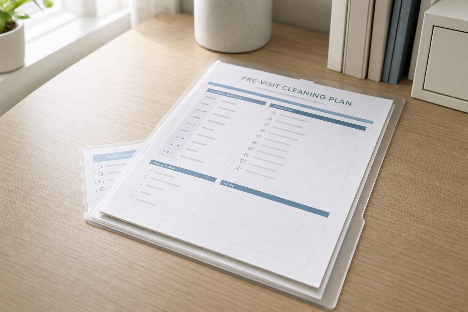 Pre-visit cleaning plan document in a clear folder on a wooden desk next to books and a plant.