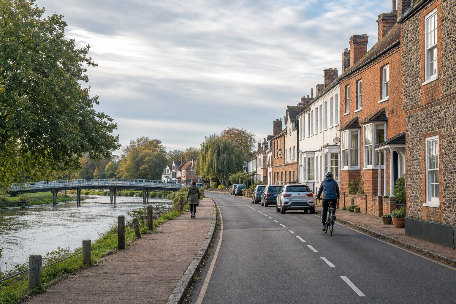 A cyclist and a pedestrian on a riverside street with terraced houses and a bridge in the background.