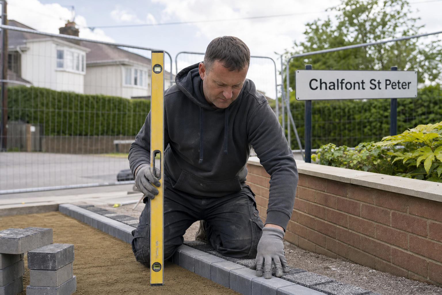 A worker uses a spirit level to lay paving stones near a Chalfont St Peter sign.