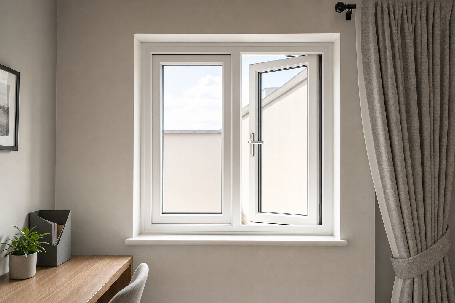An open window with white frames overlooking a neutral exterior, flanked by a curtain and a tidy desk with a plant.