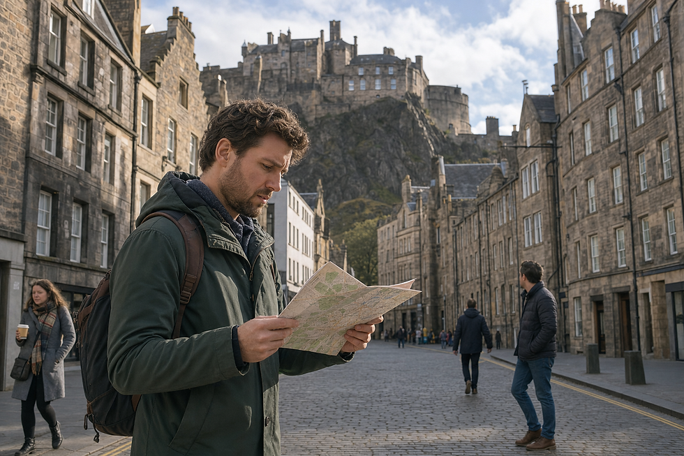 A person with a map stands on a cobblestone street, with a historic castle visible in the background.