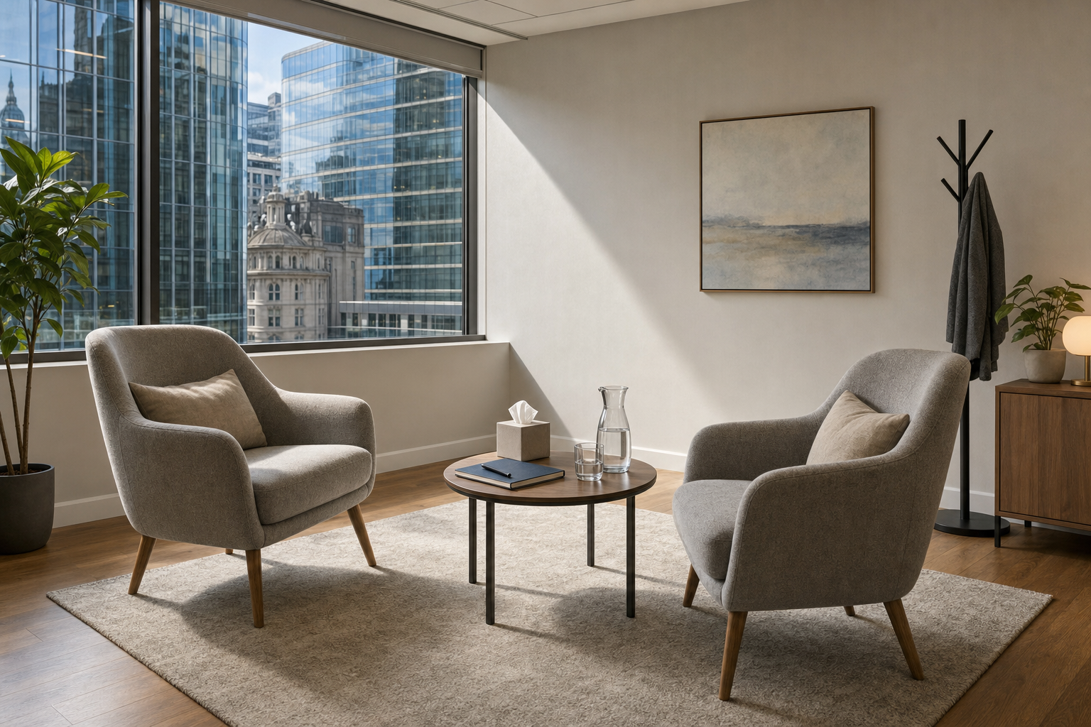 Modern office lounge with two grey armchairs, a round wooden table, and large windows overlooking city buildings.
