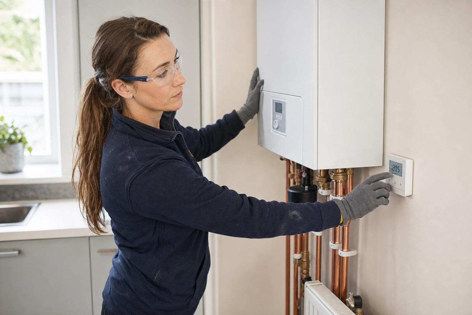 A technician adjusts a wall-mounted thermostat in a kitchen, wearing gloves and protective eyewear.