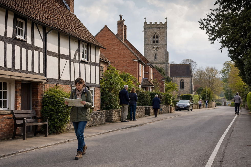 A person reads a map while walking down a quaint village street with a church in the background.