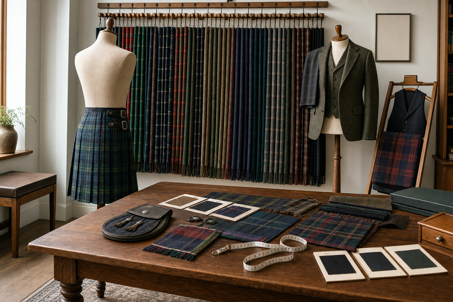 Tailor's workshop with tartan fabric samples, a kilt on a mannequin, and measuring tools on a wooden table.