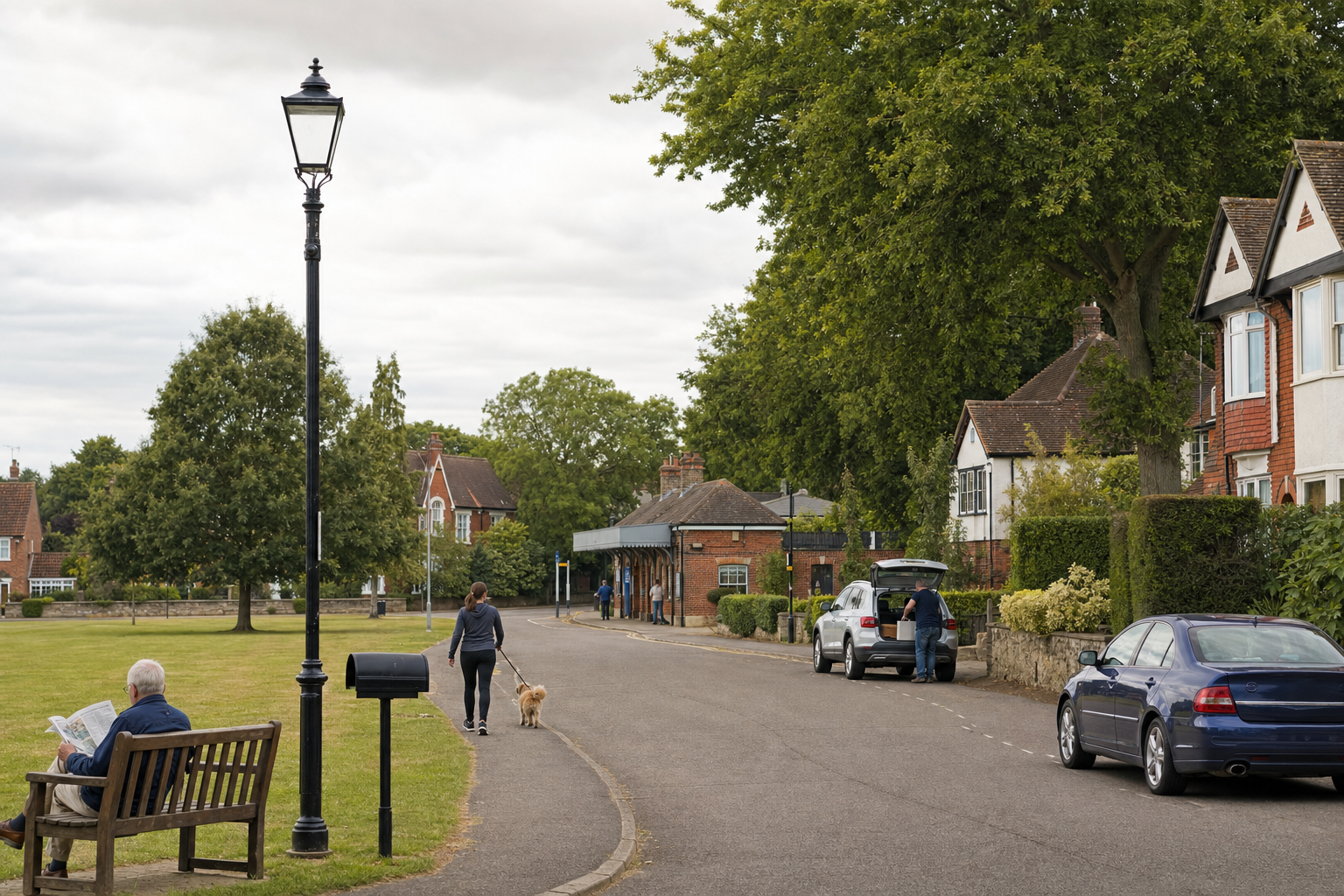 A person walks a dog along a quiet residential street with parked cars and an elderly man reading on a bench.