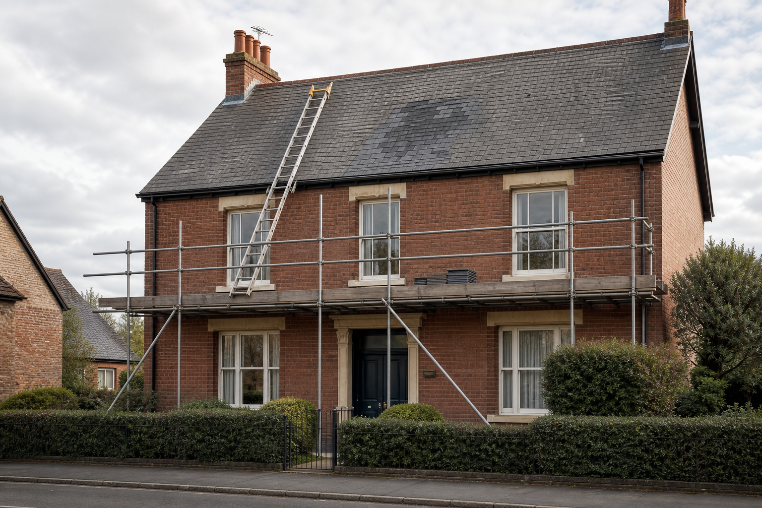 Red brick house with scaffolding and a ladder on the roof for repairs under a cloudy sky.