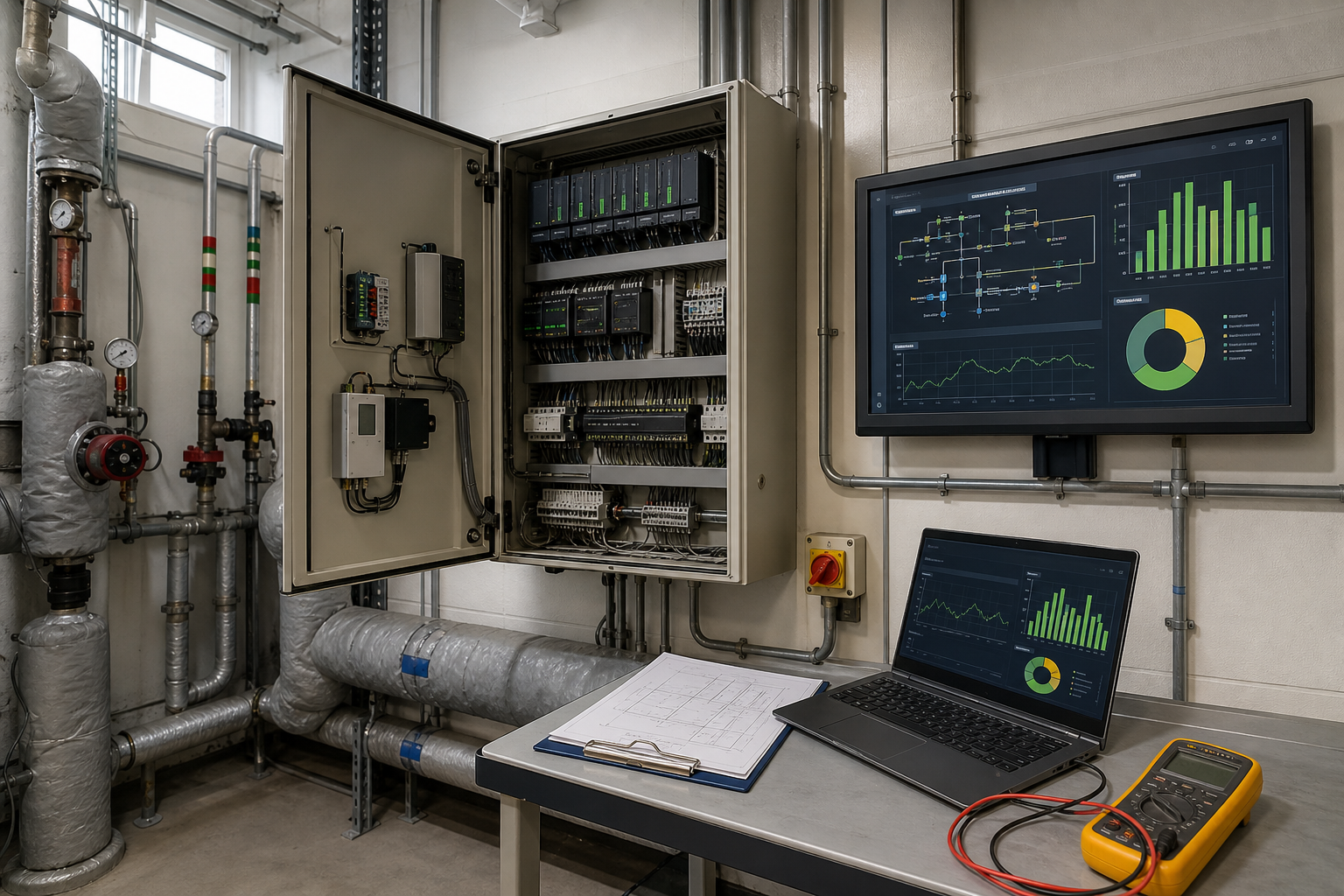 Industrial control room with open electrical panel, monitor displays, and a laptop showing performance graphs.