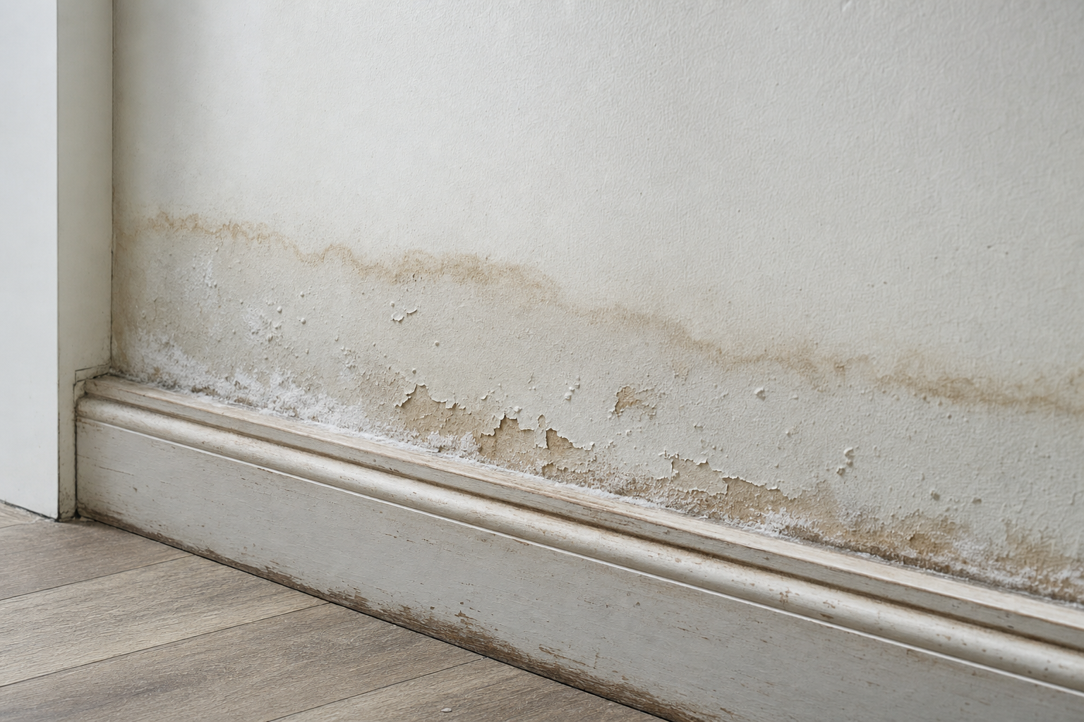 Damp, mouldy wall with peeling plaster and water damage above a skirting board.