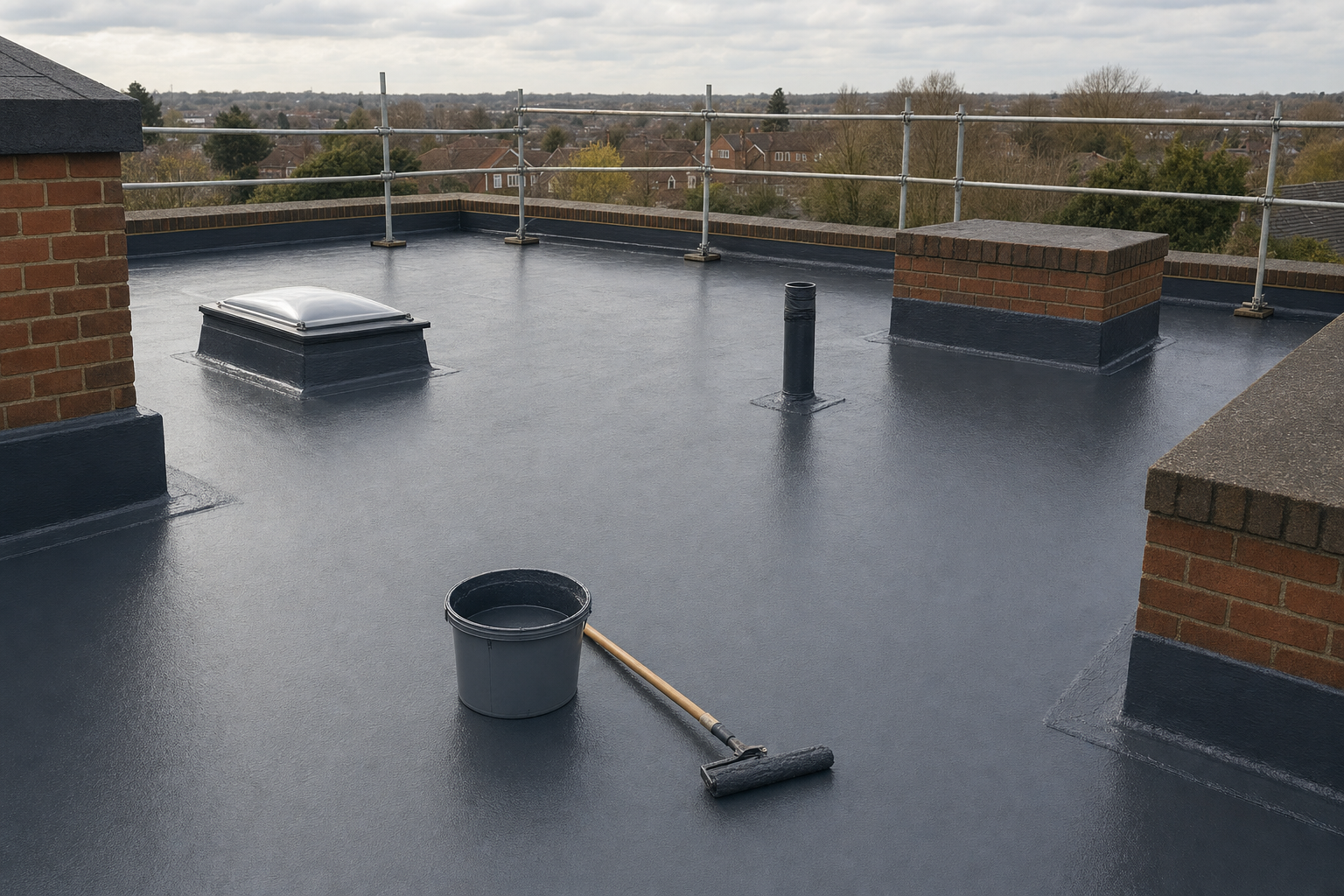 A freshly sealed flat roof with a bucket and roller, surrounded by a metal safety railing and views of trees and houses beyond.