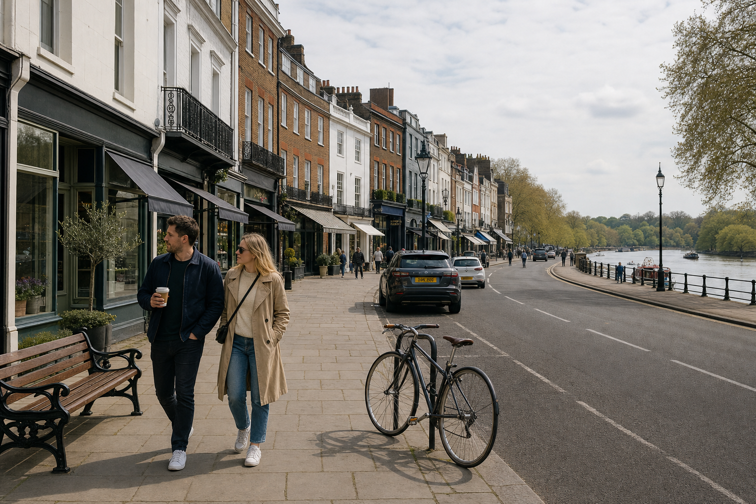 A couple walks along a Thames riverside street lined with shops, near a bicycle parked on the pavement.