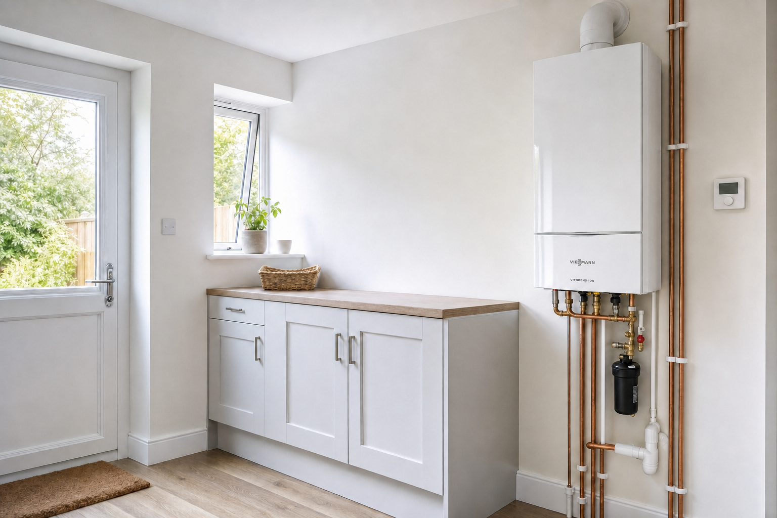 Modern utility room with white cabinets, a wall-mounted boiler, and a woven basket on the countertop next to a window.