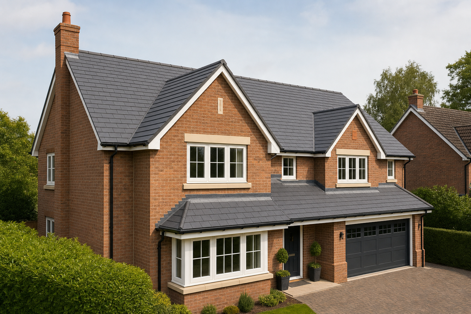 A modern two-storey brick house with grey roof tiles, large windows, and a neatly landscaped front garden.