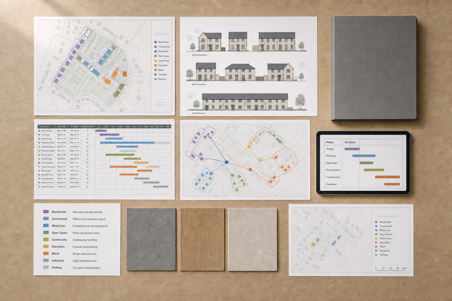 Architectural plans and timelines displayed on a table with elevation drawings, a tablet, and samples of materials.