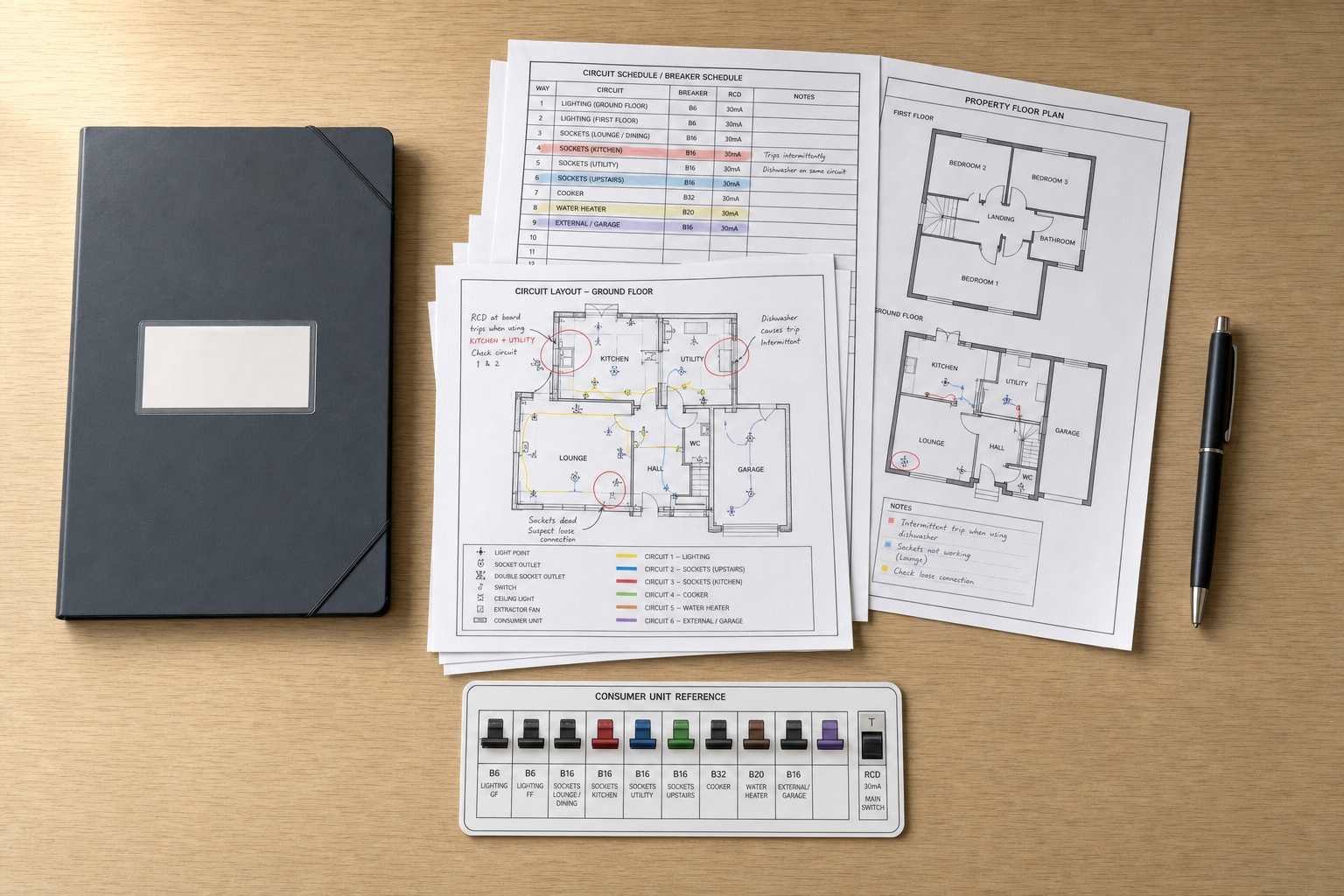 Architectural and electrical plans with notes on a desk alongside a black folder and a pen.
