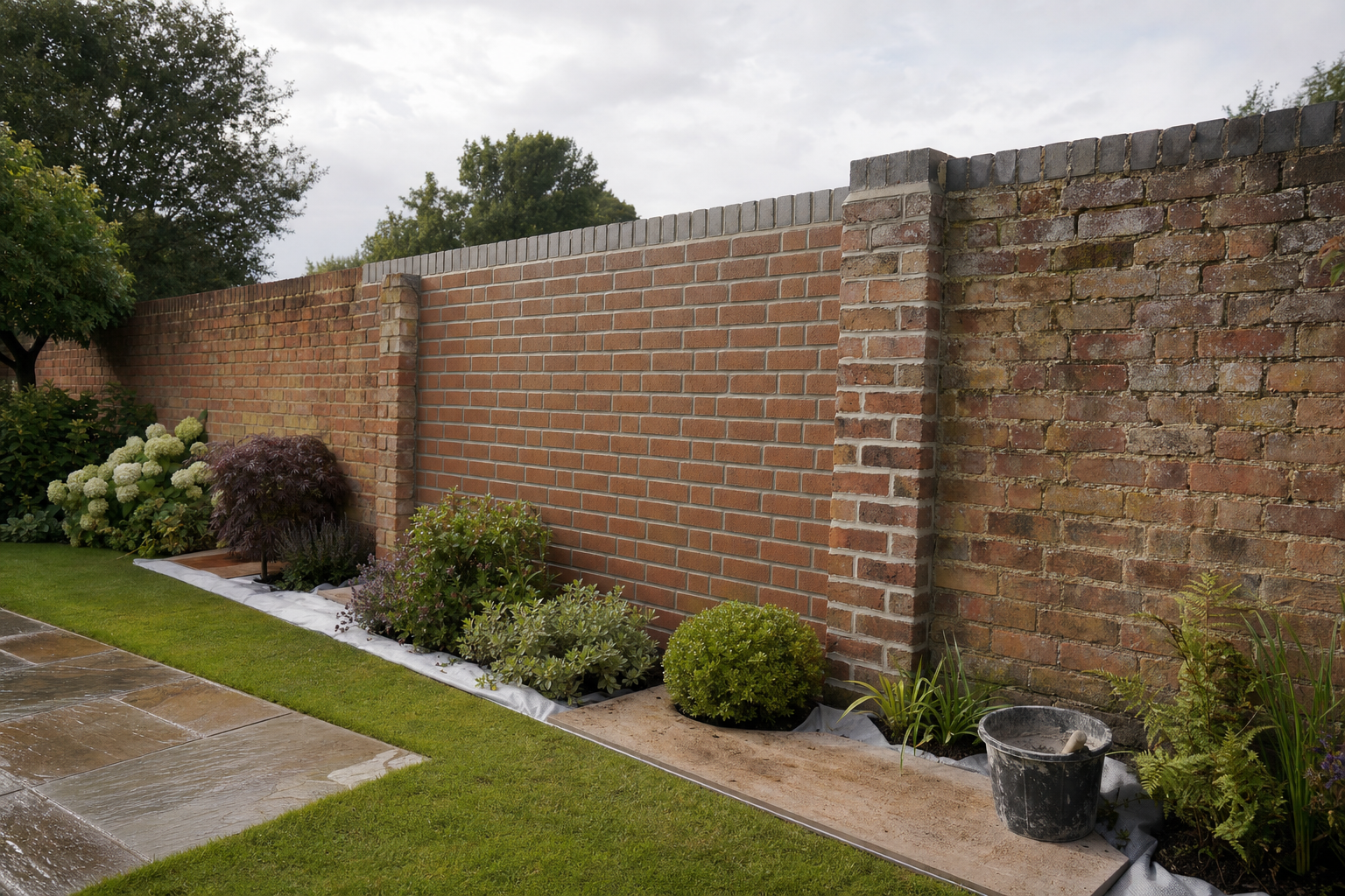 A brick garden wall bordered by a variety of green shrubs and flowering plants on a freshly mowed lawn.