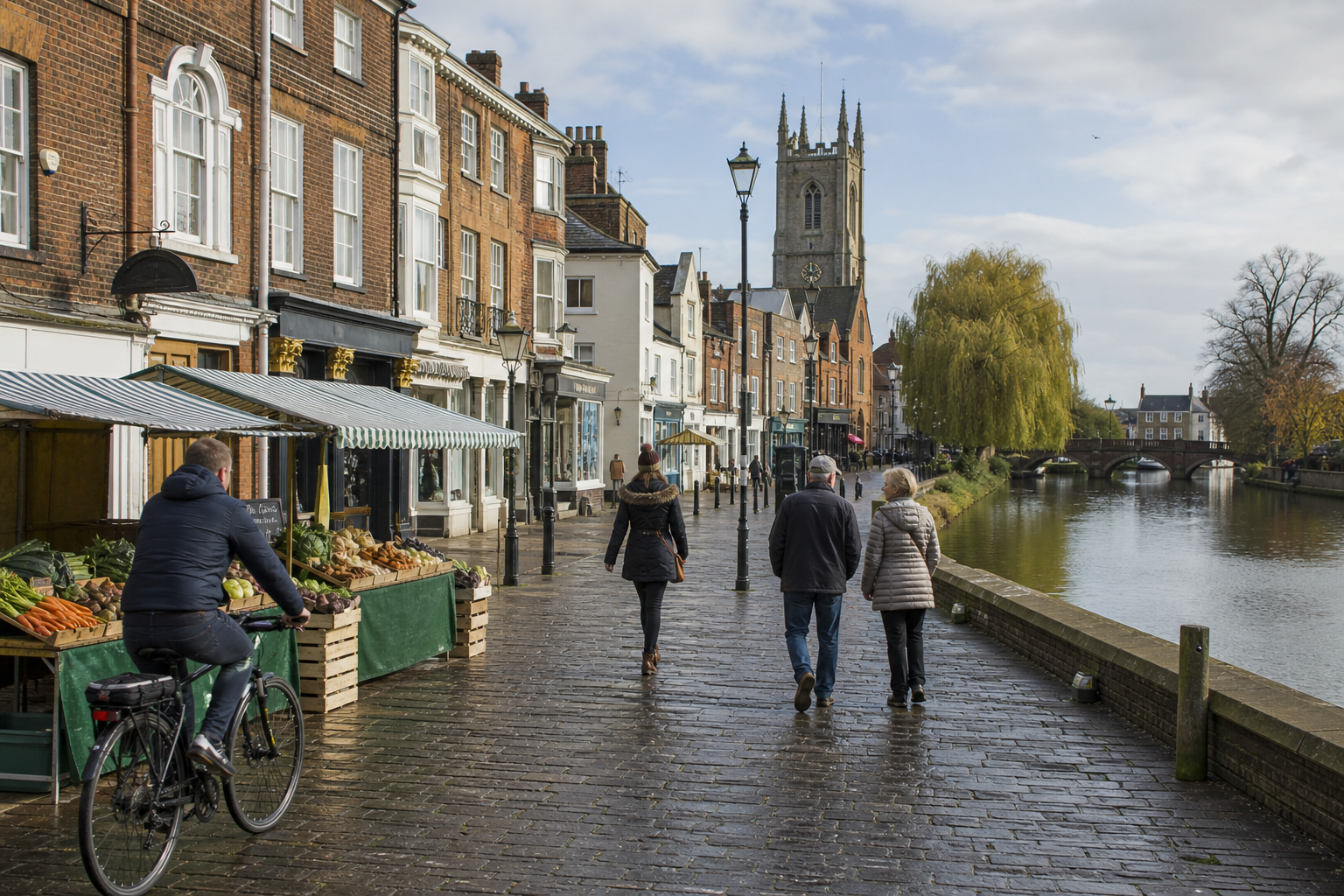 Pedestrians and a cyclist pass a market stall on a cobbled riverside street with historic buildings and a church tower.