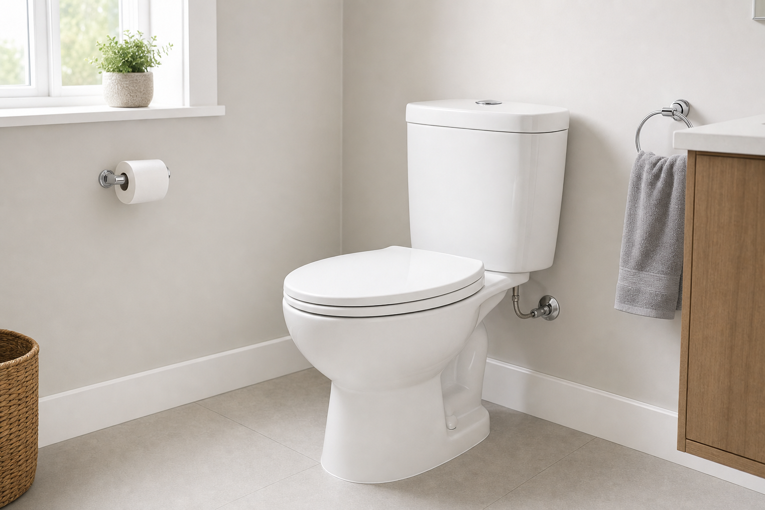 A modern bathroom featuring a white toilet, grey towel, and potted plant by the window.