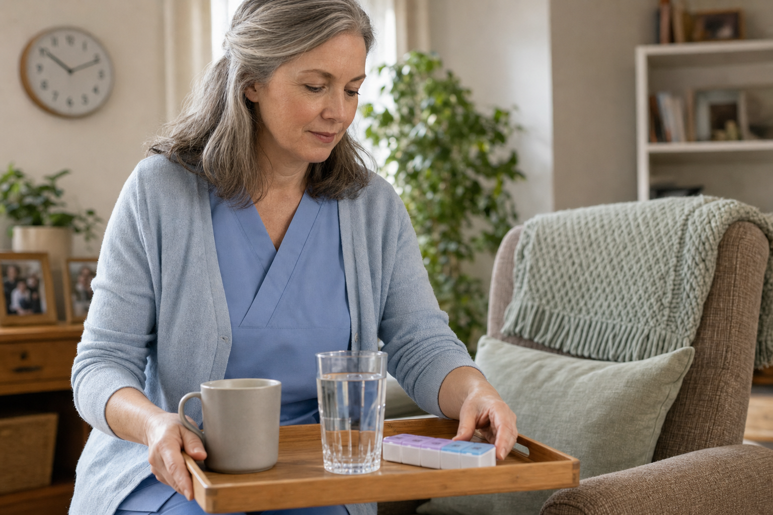A woman in a blue outfit places a tray with a mug, water, and pill organiser on a chair in a cosy living room.