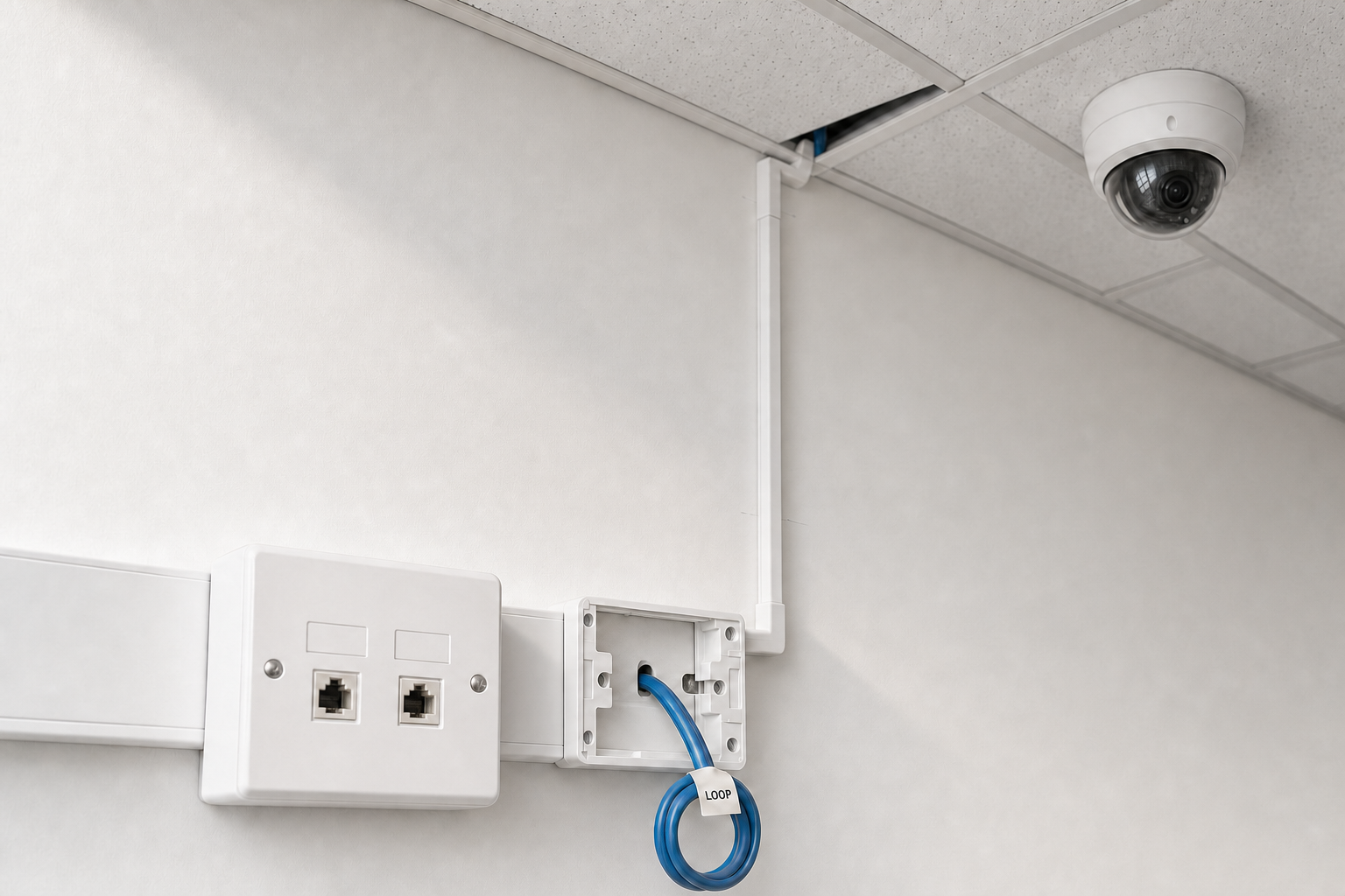 A wall-mounted network outlet with a blue cable loop and a ceiling security camera in an office setting.