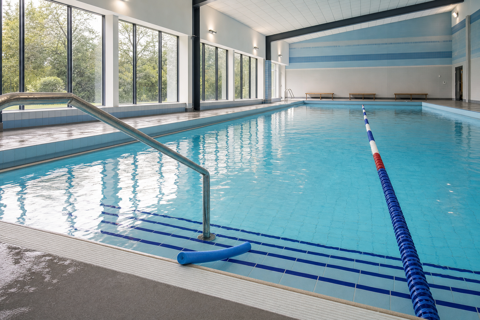 Indoor swimming pool with lane divider, large windows, and a blue pool noodle on the steps.