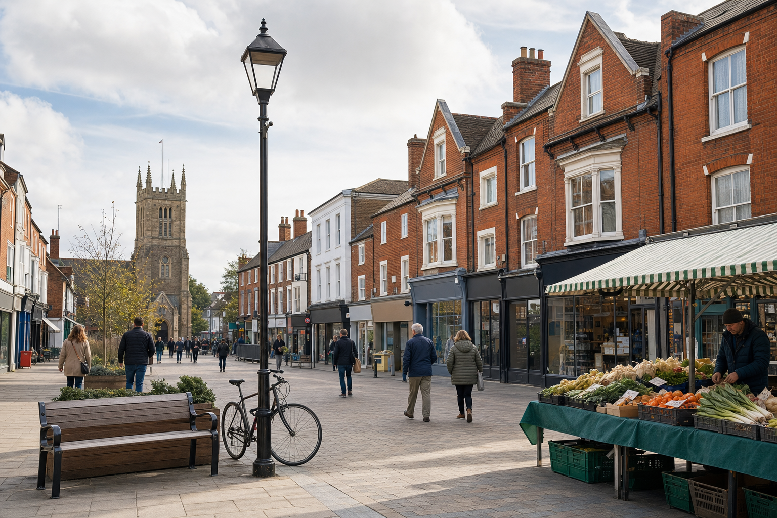 A peaceful street scene with a church, shoppers, and a market stall selling fresh produce on a sunny day.