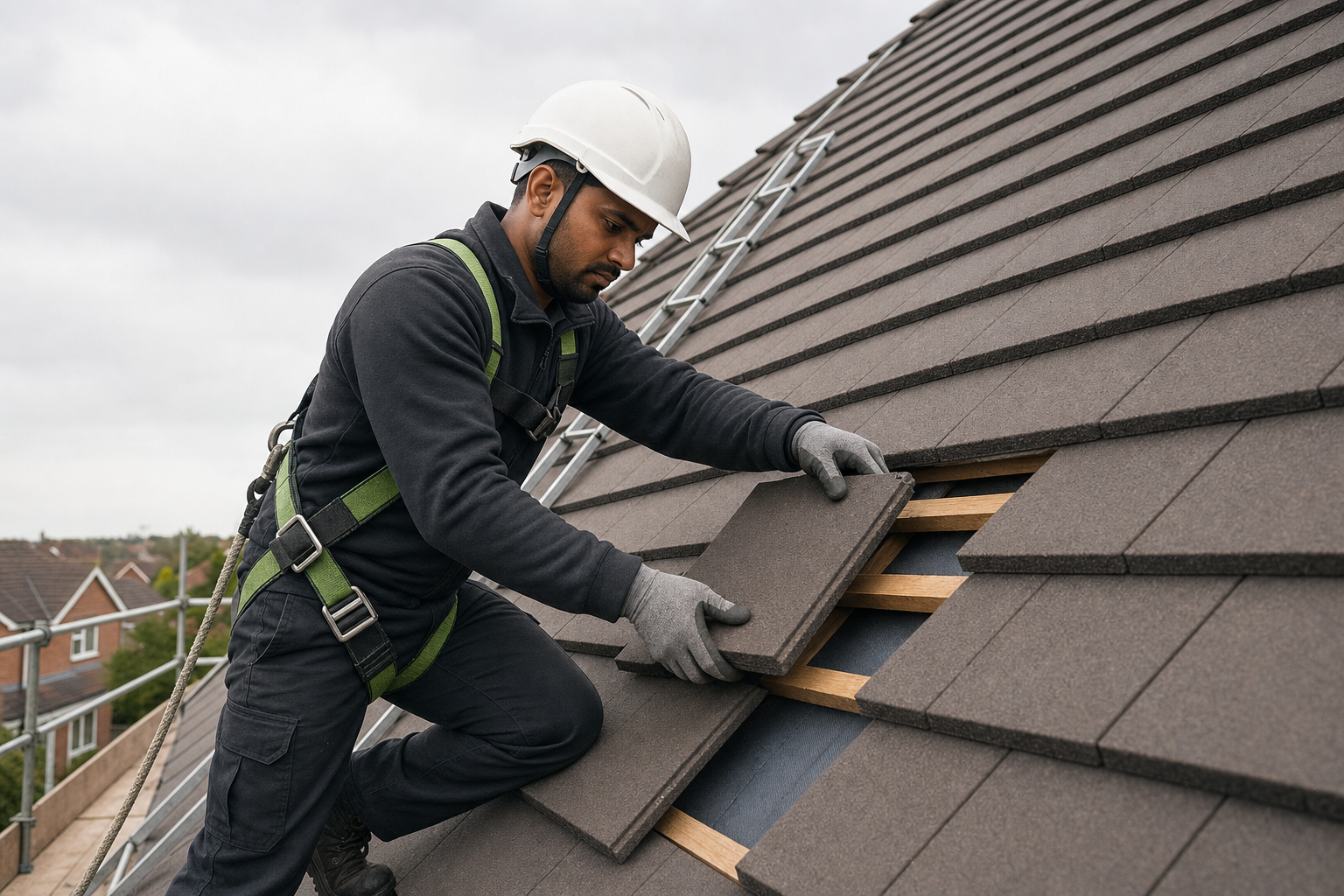 A construction worker in safety gear installs roof tiles on a pitched roof.