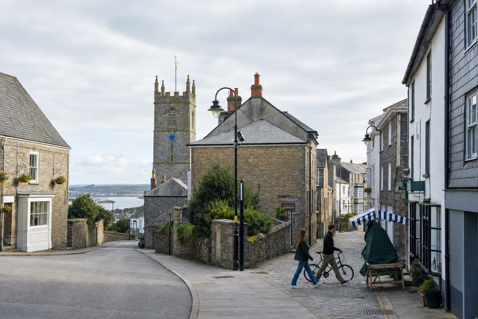 A couple walks a bike along a cobbled street in a quaint village with a stone church tower in the background.