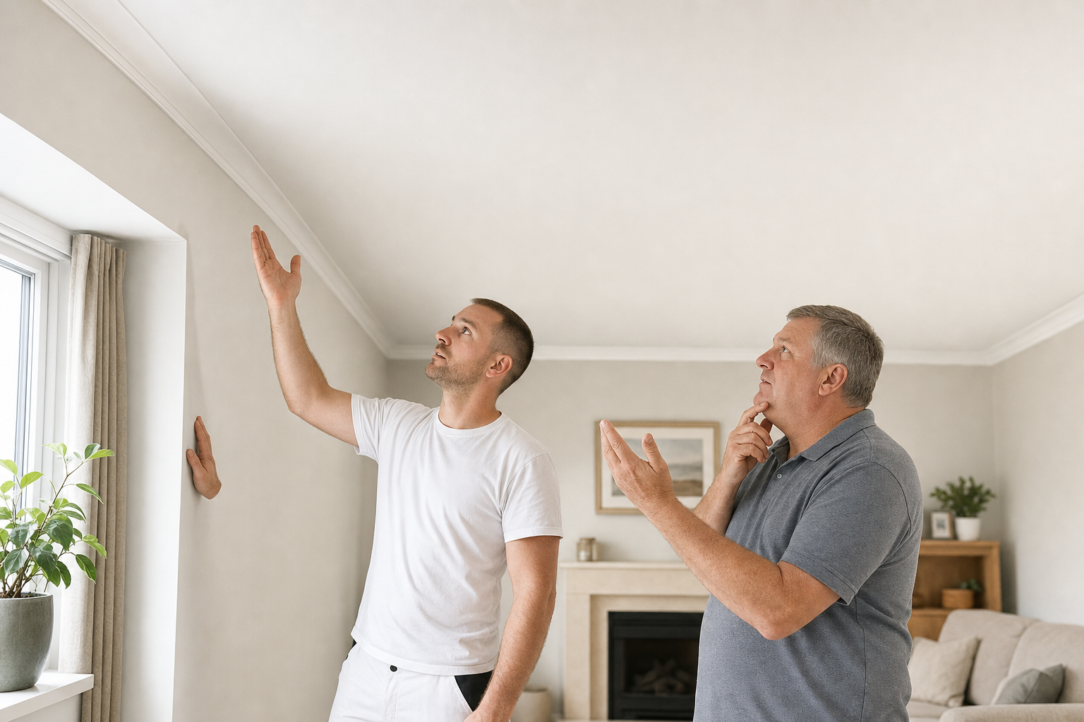Two men discussing a ceiling issue in a living room, with one pointing upwards.