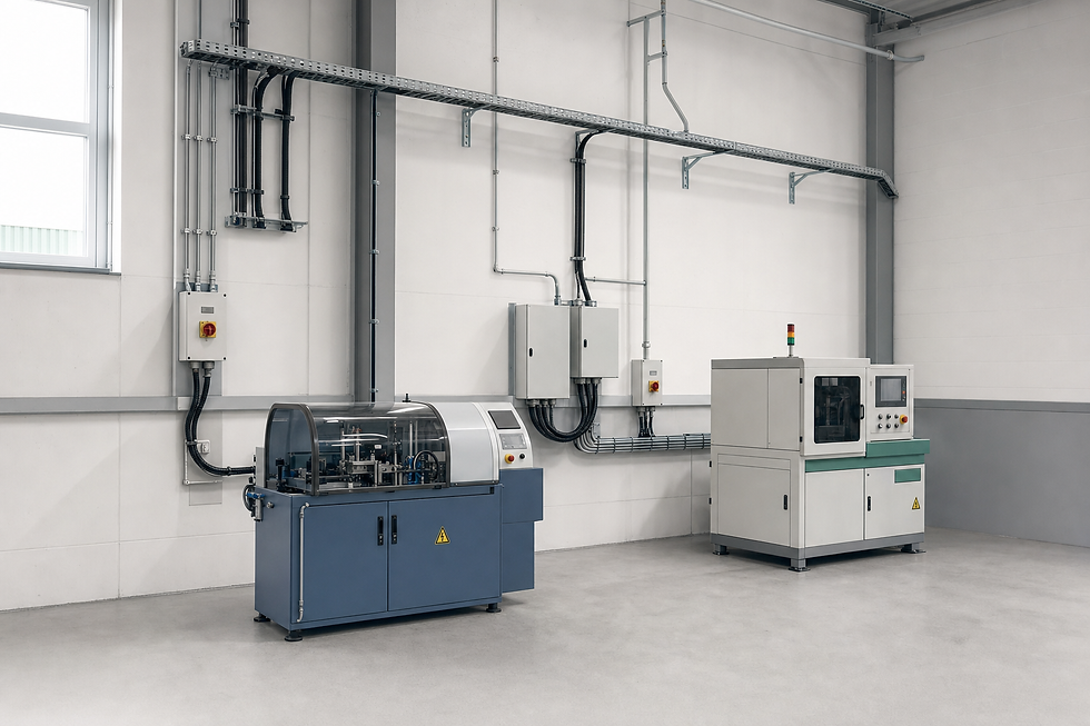 Two industrial machines are positioned against a wall in a clean, organised workshop.