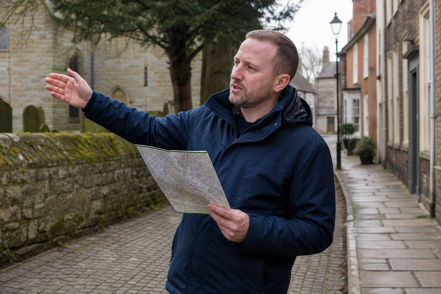 Man in a blue jacket holding a map and gesturing on a cobblestone street beside a stone wall and historic buildings.