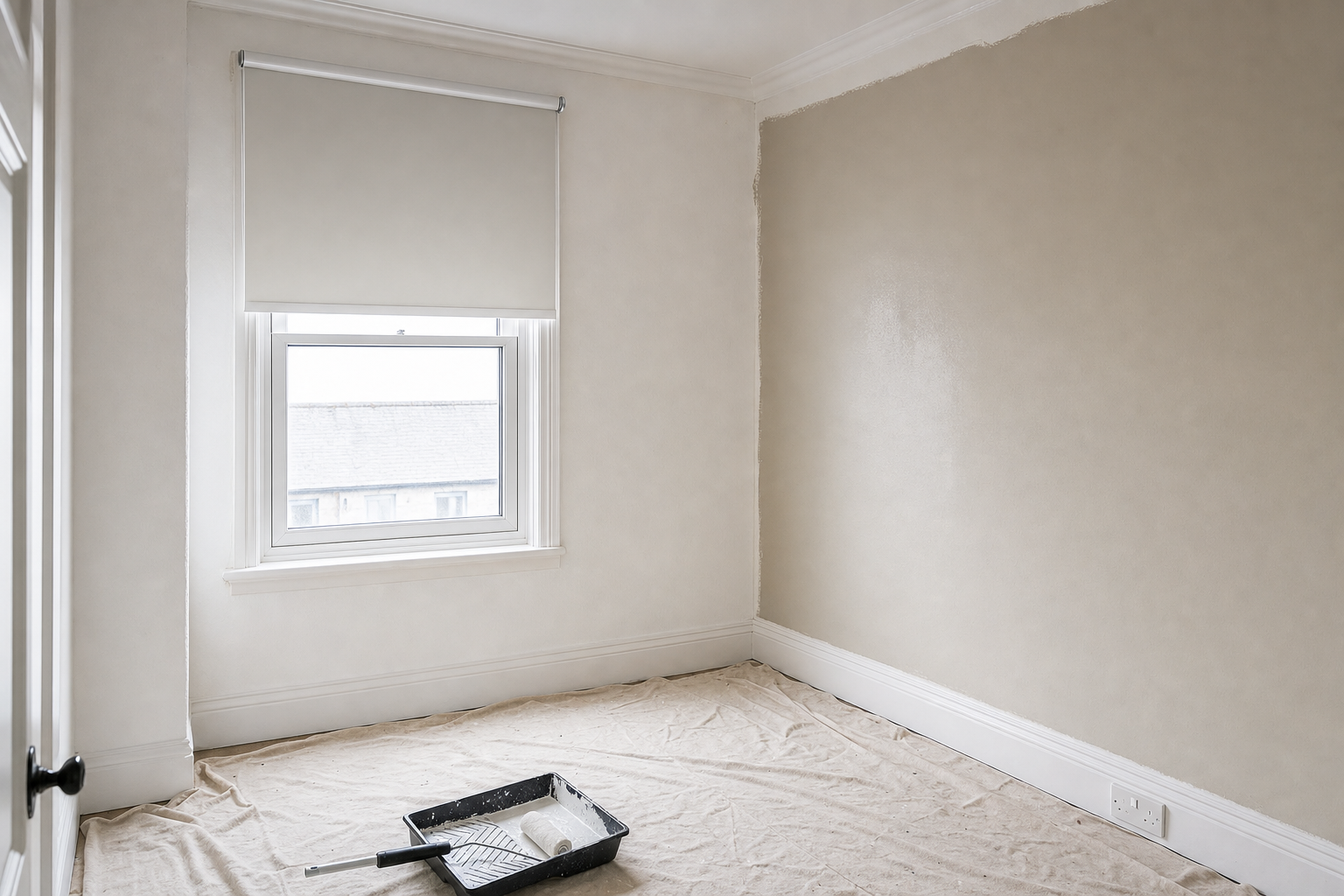 A freshly painted room with a roller tray on a protective sheet under the window.