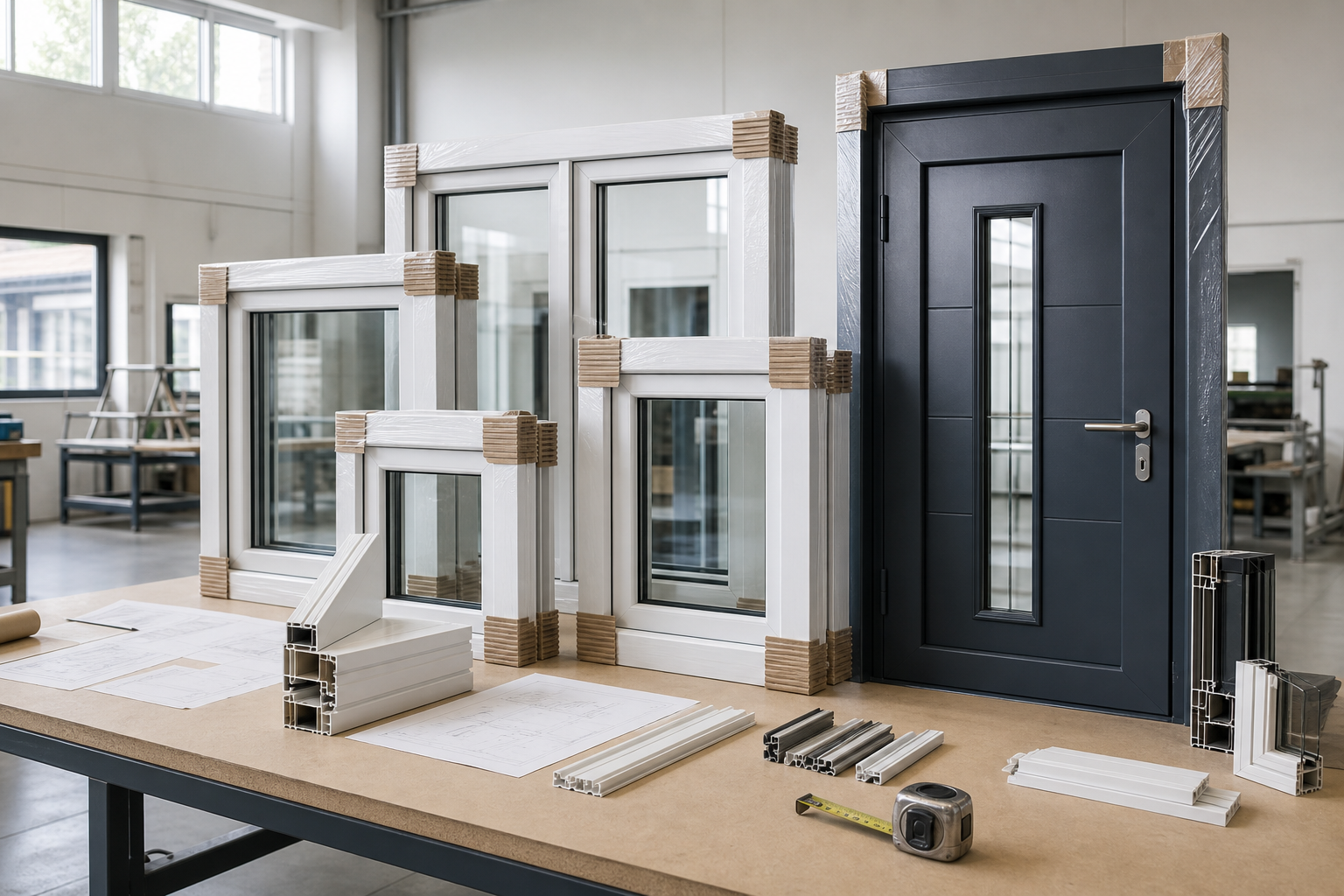 Collection of modern windows and a door with protective packaging in a workshop.