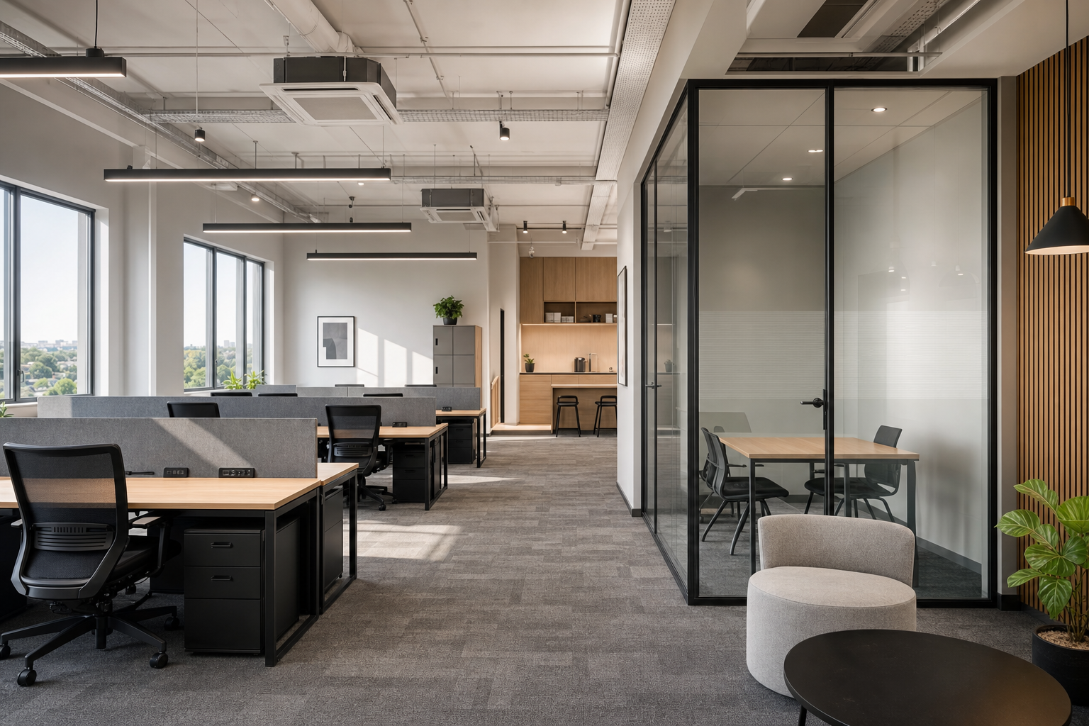 Modern, open-plan office space with workstations, glass meeting room, and a small kitchenette area.