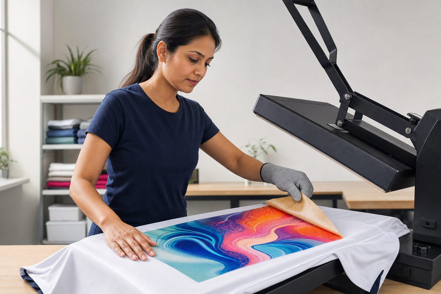 A woman carefully removing a heat transfer sheet from a colourful T-shirt in a print shop.