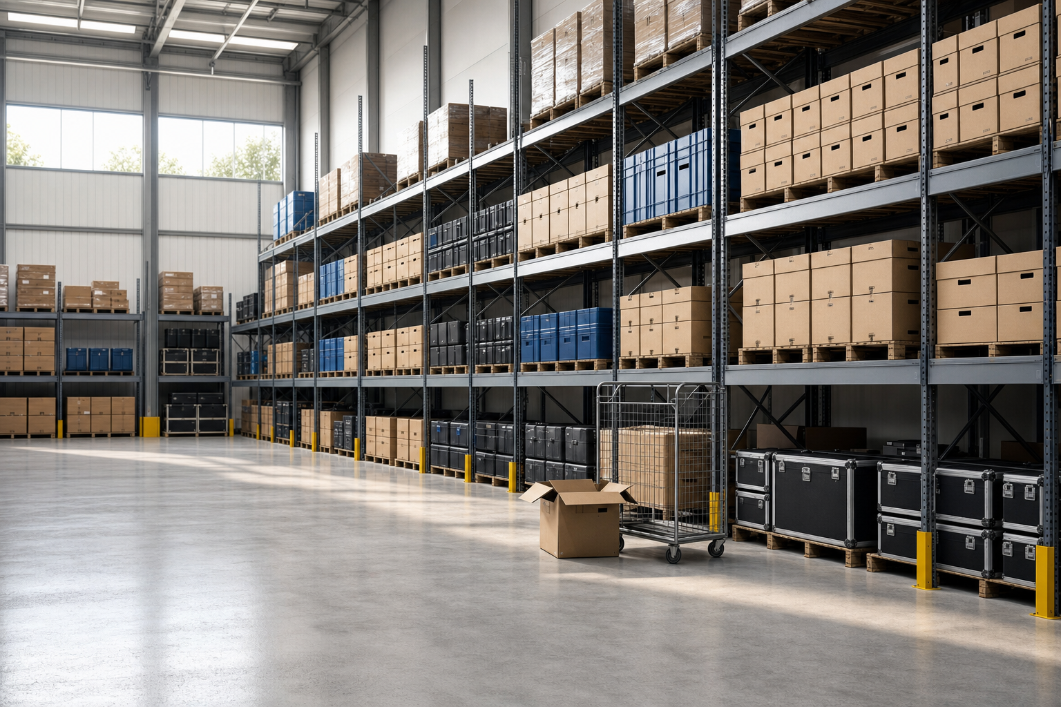 A spacious warehouse interior with metal shelves filled with cardboard boxes and a trolley next to an open box.