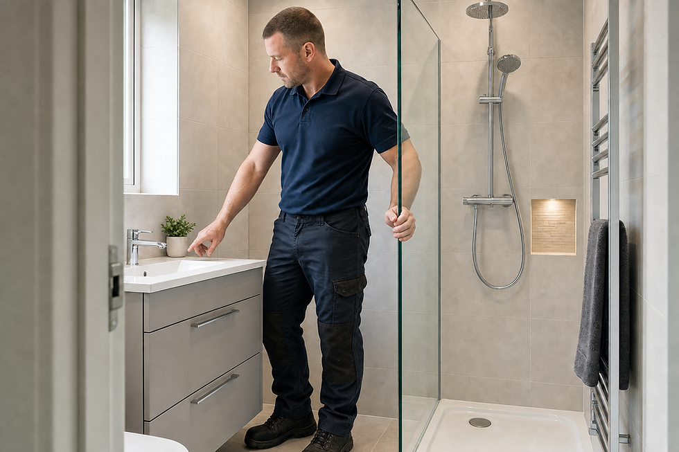 A man in a navy shirt checks a sink in a modern bathroom with a glass shower enclosure.